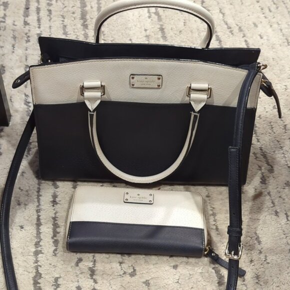 Kate Spade Combo Grove Street Caley Satchel Purse & Wallet Blk & Off White - Picture 1 of 13